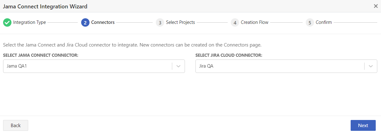 The Connectors page of the Jama Connect Integration Wizard includes two settings, Select Jama Connect Connector and Select Jira Cloud Connector, where you select a connector from each drop-down list.