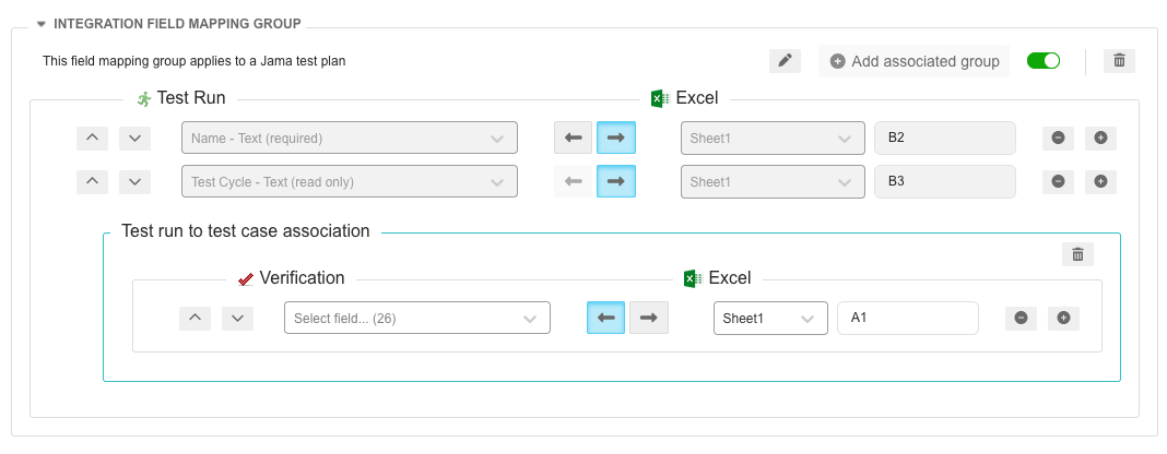 The drop-down lists in each row let you map fields and cells between Jama Connect and Excel.
