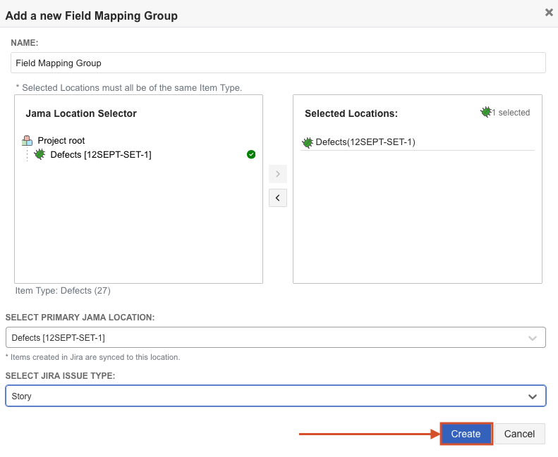 The Add a new Field Mapping Group page includes two columns, Location Selector and Selected Locations, as well as drop-down lists for primary Jama location and Jira issue type.