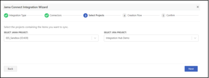 The Select Projects page of the Jama Connect Integration Wizard includes two settings, Select Jama Project and Select Jira Project, where you select a project from each drop-down list.