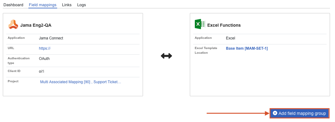The Add new field mapping group button is highlighted at the bottom of the integration's Field mappings tab.