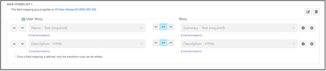 The example User Stories Set page displays rows with two columns for mapping fields between Jama Connect and Jira.
