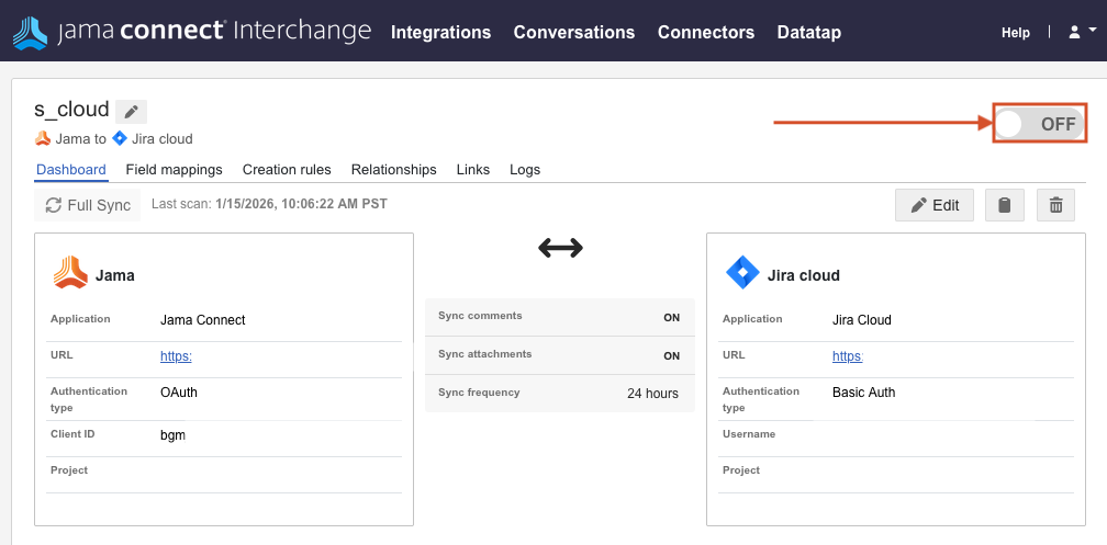 The integration switch is toggled to OFF.