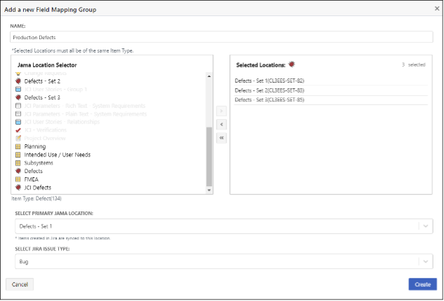 The Add a new Field Mapping Group page includes two columns, Location Selector and Selected Locations, as well as drop-down lists for primary Jama location and Jira issue type.