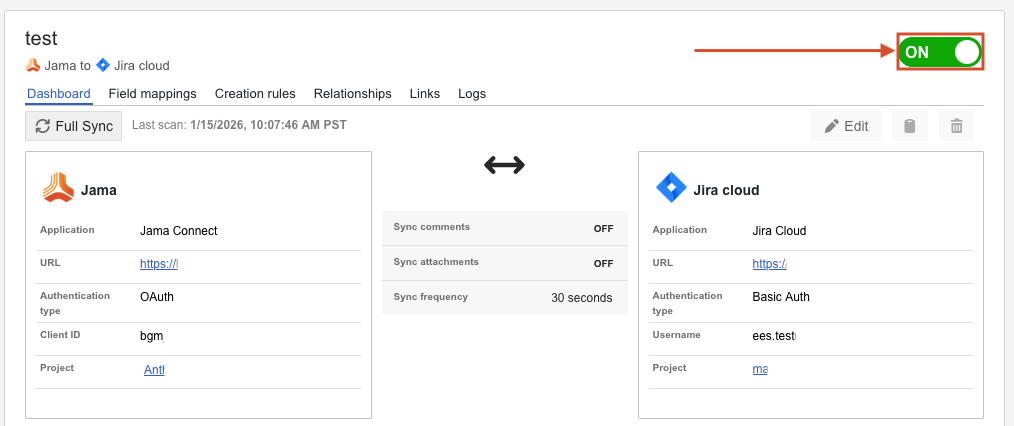 The ON/OFF toggle on the Integrations dashboard is set to ON.
