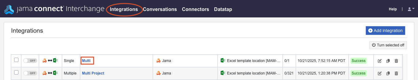 The Integrations page displays a search string and a 2-column table (Type and Name), with Excel Risk Calculations highlighted.