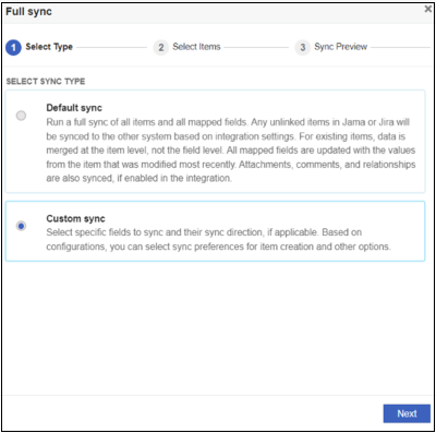 The Select Type page of the Integration Wizard includes two options, Default sync and Custom sync, which is selected.