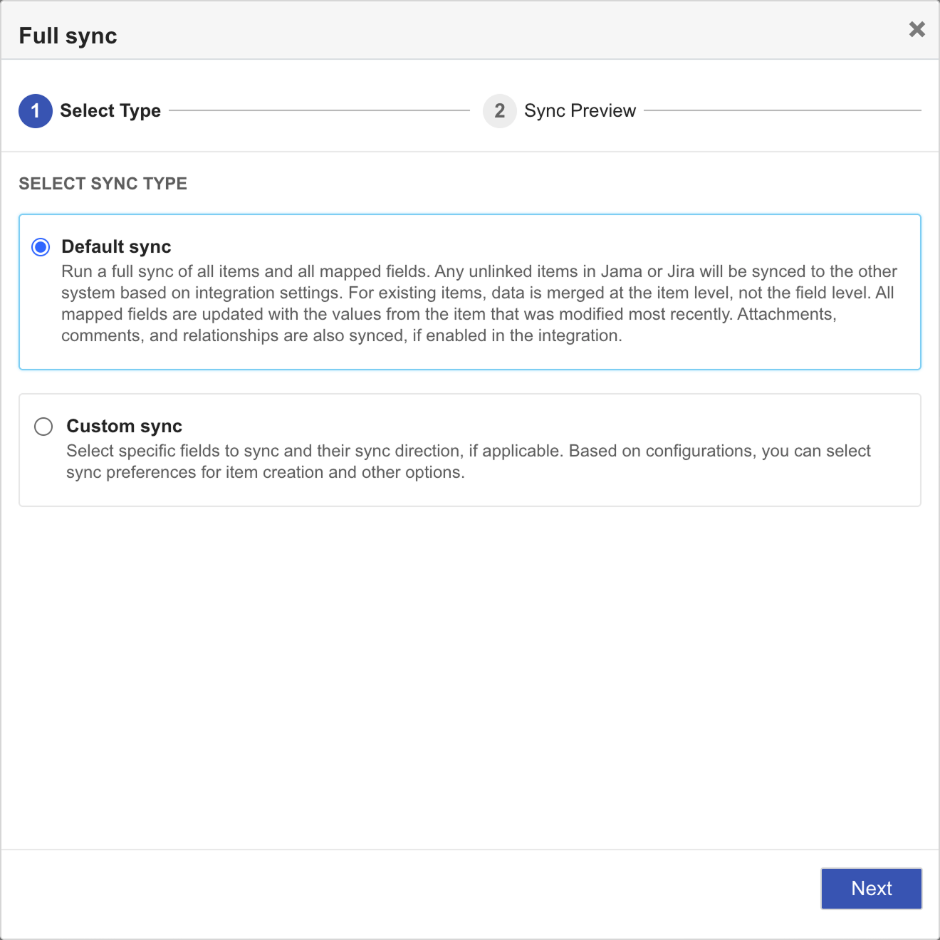 The Select Type page of the Integration Wizard includes two options, Default sync and Custom sync, which is selected.