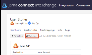 The Full Sync option is highlighted on the User Stories integration page.