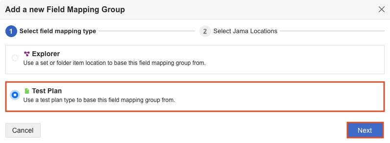 On the Add a new Field Mapping Group page, the Test Plan option is selected and highlighted.