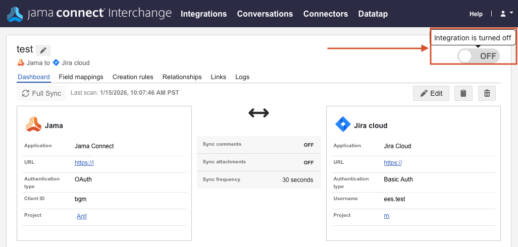 The ON/OFF toggle on the Integrations dashboard is set to OFF.
