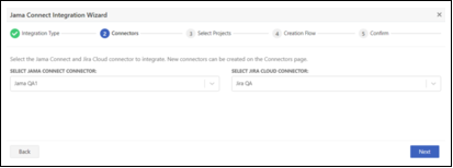 The Connectors page of the Jama Connect Integration Wizard includes two settings, Select Jama Connect Connector and Select Jira Cloud Connector, where you select a connector from each drop-down list.