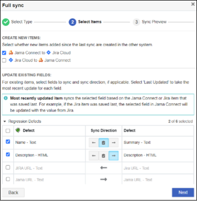 The Full Sync page in the integrations wizard includes options for defining the full sync.