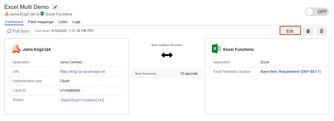 The Edit button is highlighted on the integration dashboard.