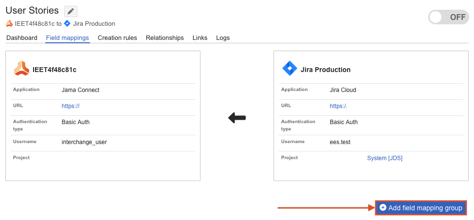 The Add new field mapping group button is highlighted at the bottom of the integration's Field mappings tab.