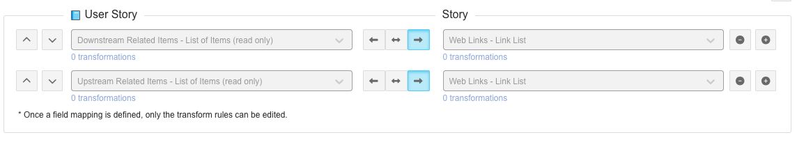 Downstream and upstream related Jama Connect items appear in one column across from their corresponding Jira web links that can be added to the Field Mappings tab.