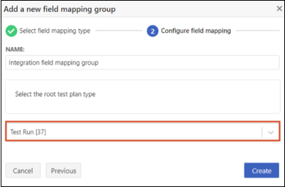 The Add a new field mapping group page includes fields for name and a highlighted dropdown list where you select the test item type to map.