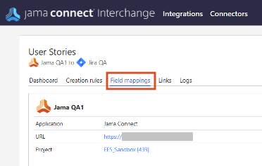 The Field mappings tab is highlighted on the Jama to Jira integration page.