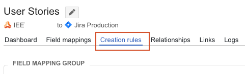 The Creation rules tab includes a drop-down list of rules to define when and if a Jama Connect to Jira link is created.