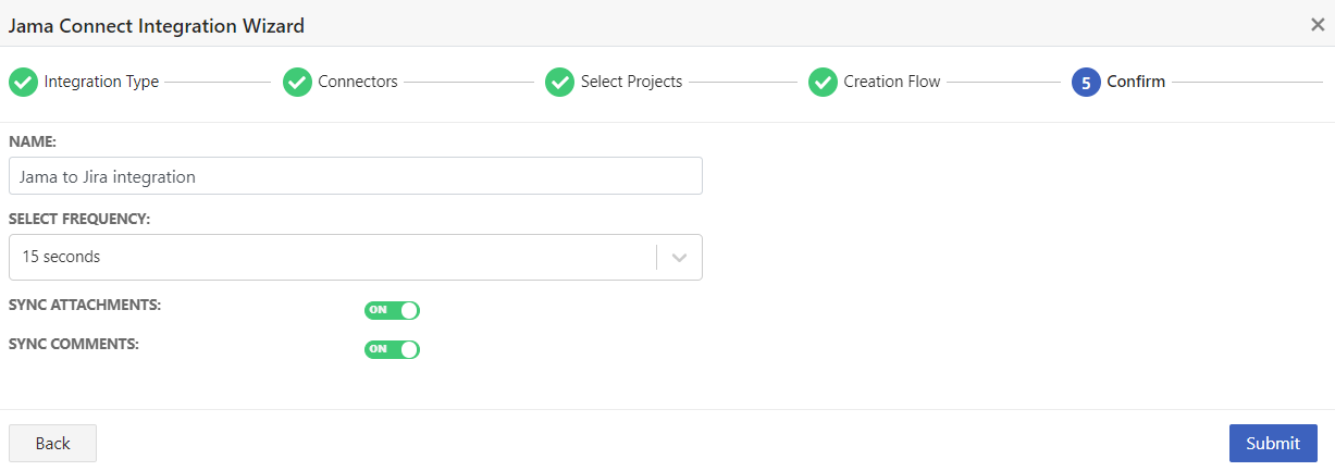The Confirm page of the Jama Connect Integration Wizard displays the setting and options you selected and a Submit button.
