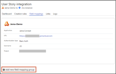 The Add new field mapping group button is highlighted at the bottom of the integration's Field mappings tab.