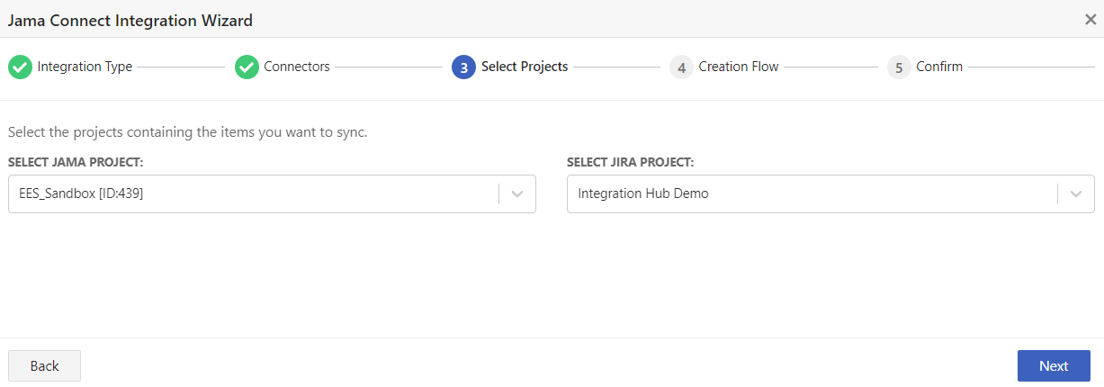 The Select Projects page of the Jama Connect Integration Wizard includes two settings, Select Jama Project and Select Jira Project, where you select a project from each drop-down list.