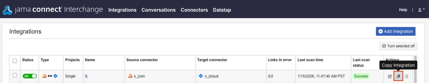 The Copy Integrations icon is highlighted on the Integrations page.