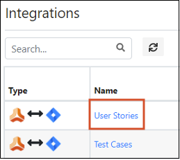 The Integrations page displays a search string and a 2-column table (Type and Name), with User Stories highlighted.