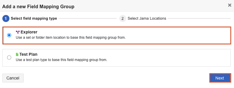 On the Add a new Field Mapping Group page, the Explorer option is selected and highlighted.