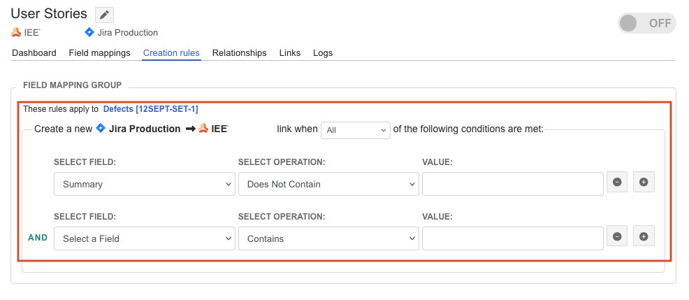 The Creation rules tab displays the result of the rules you just created.