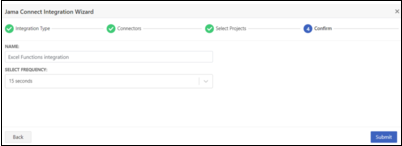 The Confirm page of the Jama Connect Integration Wizard displays the setting and options, Name and Frequency, and a Submit button.