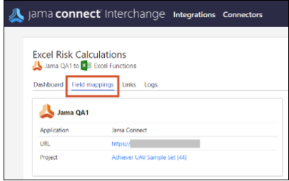 The Field mappings tab is highlighted on the Jama to Excel Functions integration page.