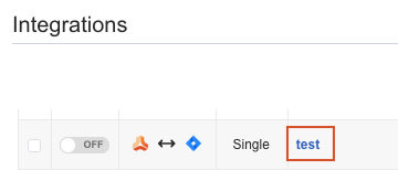 The Integrations page displays a search string and a 2-column table (Type and Name), with User Stories highlighted.