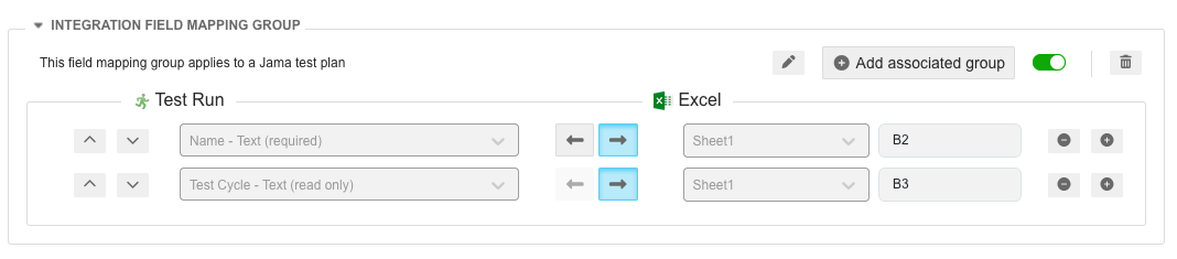 The drop-down lists in each row let you map fields and cells between Jama Connect and Excel.